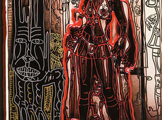 Black femme rouge auréolée de matière